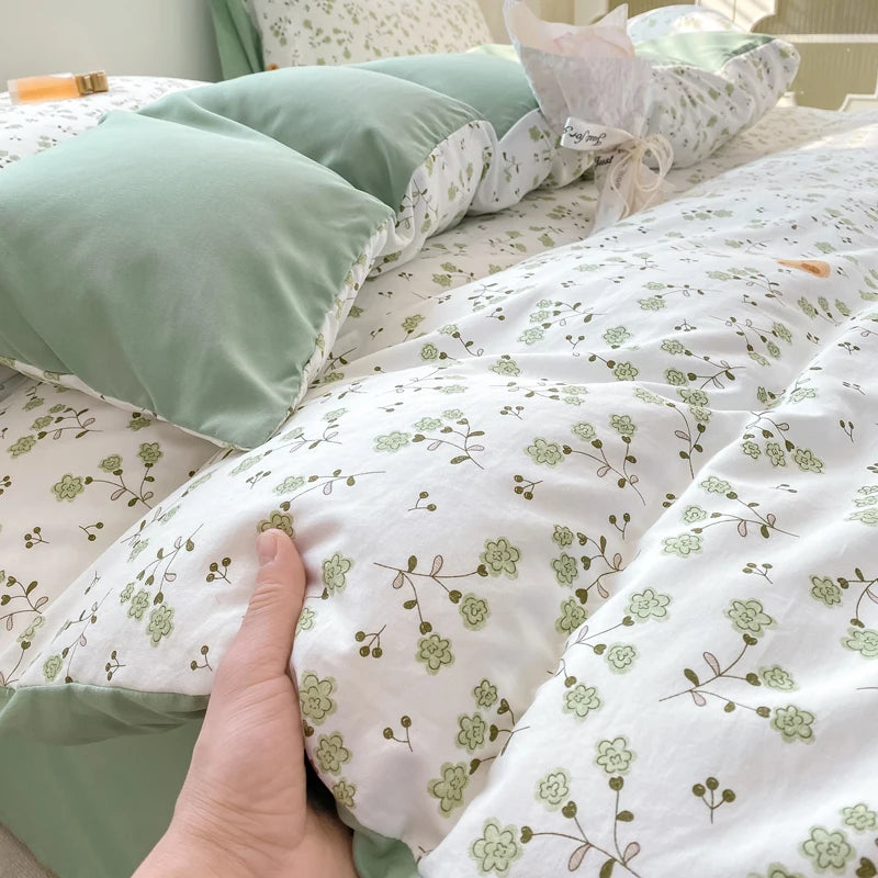 Korean Retro Floral Bedding Set 100% Washed Cotton Bed Sheets Set Soft Duvet Cover Bed Linen Pillowcase Single Double Queen King - AMULET RING STORE