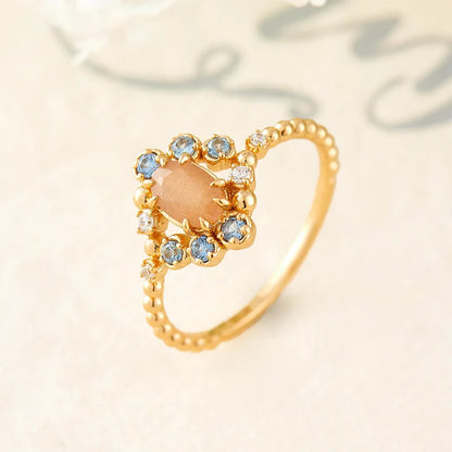 LAMOON Vintage Natural Orange Moonstone Ring For Women Exquisite Luxury Court Style 925 Sterling Silver Gold Plated Fine Jewelry