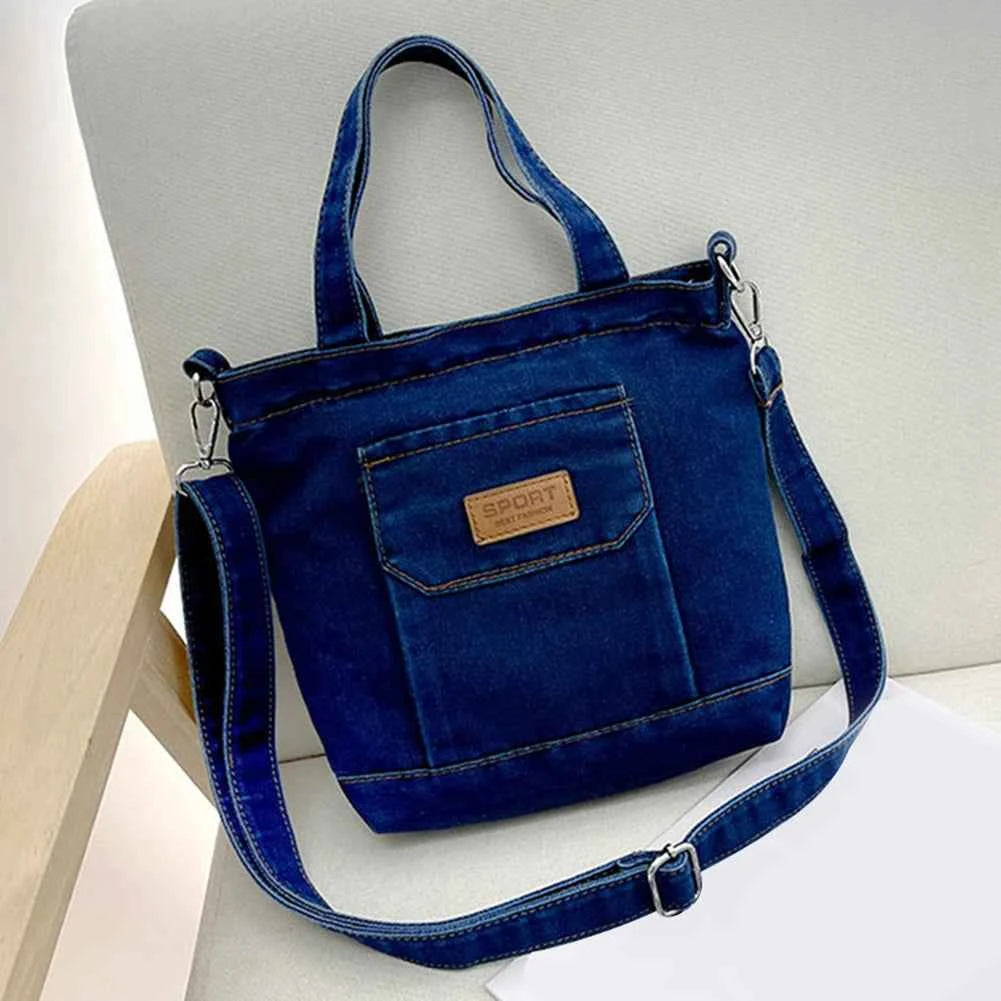 Women Stylish Tote Handbag Denim Shopper Shoulder Handbag Large Capacity Adjustable Straps with Pockets Daily Handbag and Purse