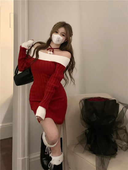 Sexy Red Christmas Dress Women Autumn Winter Korean Style Slash Neck Bodycon Knitted Dresses Female Elegant Y2k Party Mini Dress - AMULET RING STORE