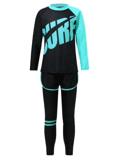 3Pcs Kids Girls Colorful Print Swimsuit Swimwear Long Sleeve Top+Shorts with Pants Set Sun Protection Rash Guard Swimming Outfit - AMULET RING STORE