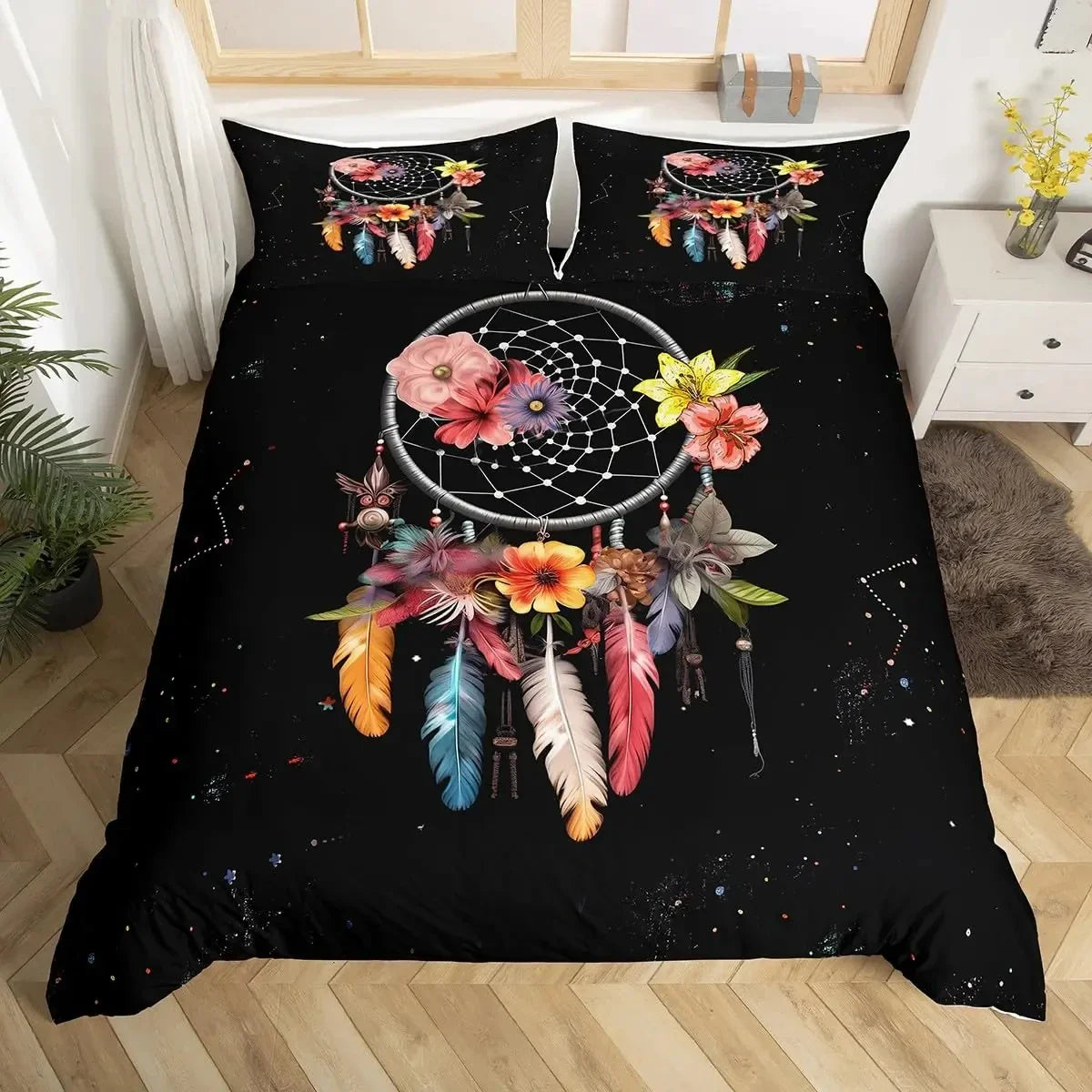 Dream Catcher Bedding Set Boho Mandala Duvet Cover Twin King,Exotic Tribal Feather Comforter Cover Starry Sky Galaxy Quilt Cover