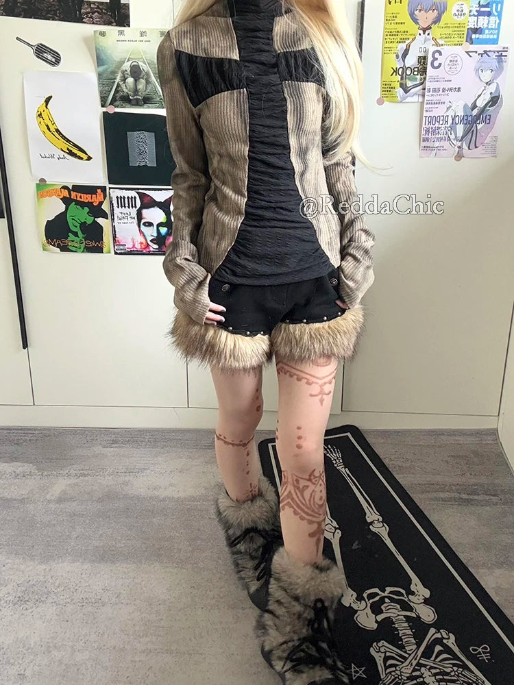 ReddaChic Women's Low Waist Fur Short Pants Retro Black Denim Wide Leg Studded Fuzzy Cargo Shorts Grayu Y2k Harajuku Streetwear