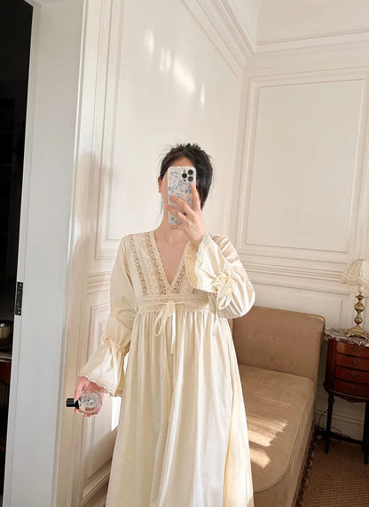 Vintage Embroidery Cotton Long Nightgowns For Lady Lace  Long Sleeve Beige Elegant Nightshirts Comfortable Sexy Night Dress