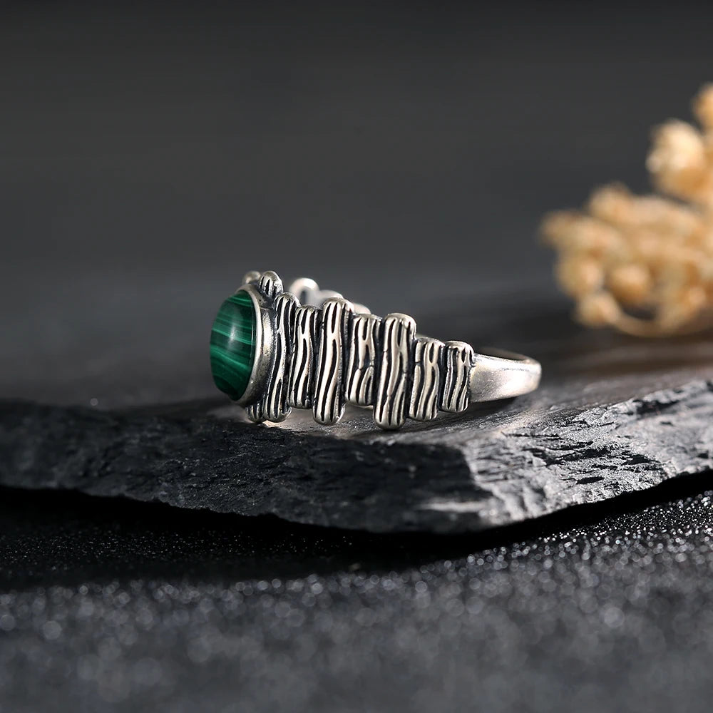 S925 Adjustable Malachite Ring Natural Gemstone Jewelry Textured Boho Silver Ring for Women, Healing Crystal Gift 925 Sterling - AMULET RING STORE