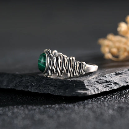 S925 Adjustable Malachite Ring Natural Gemstone Jewelry Textured Boho Silver Ring for Women, Healing Crystal Gift 925 Sterling - AMULET RING STORE
