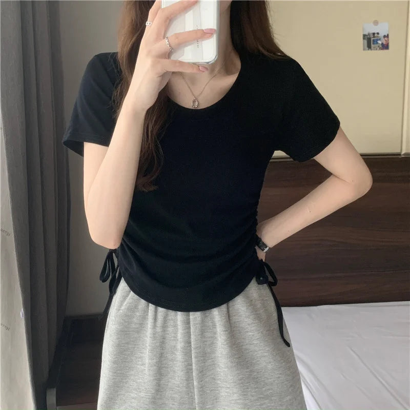 Drawstring Short Sleeve T-shirt Women Spring Summer Spicy Style Slim Fit Short Unique Top M L Xl 2XL Korean Casual Style - AMULET RING STORE