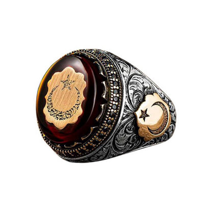 Vintage Metal Turkish Men's Seal Ring Inlaid with Red Stone Business Men's Ring