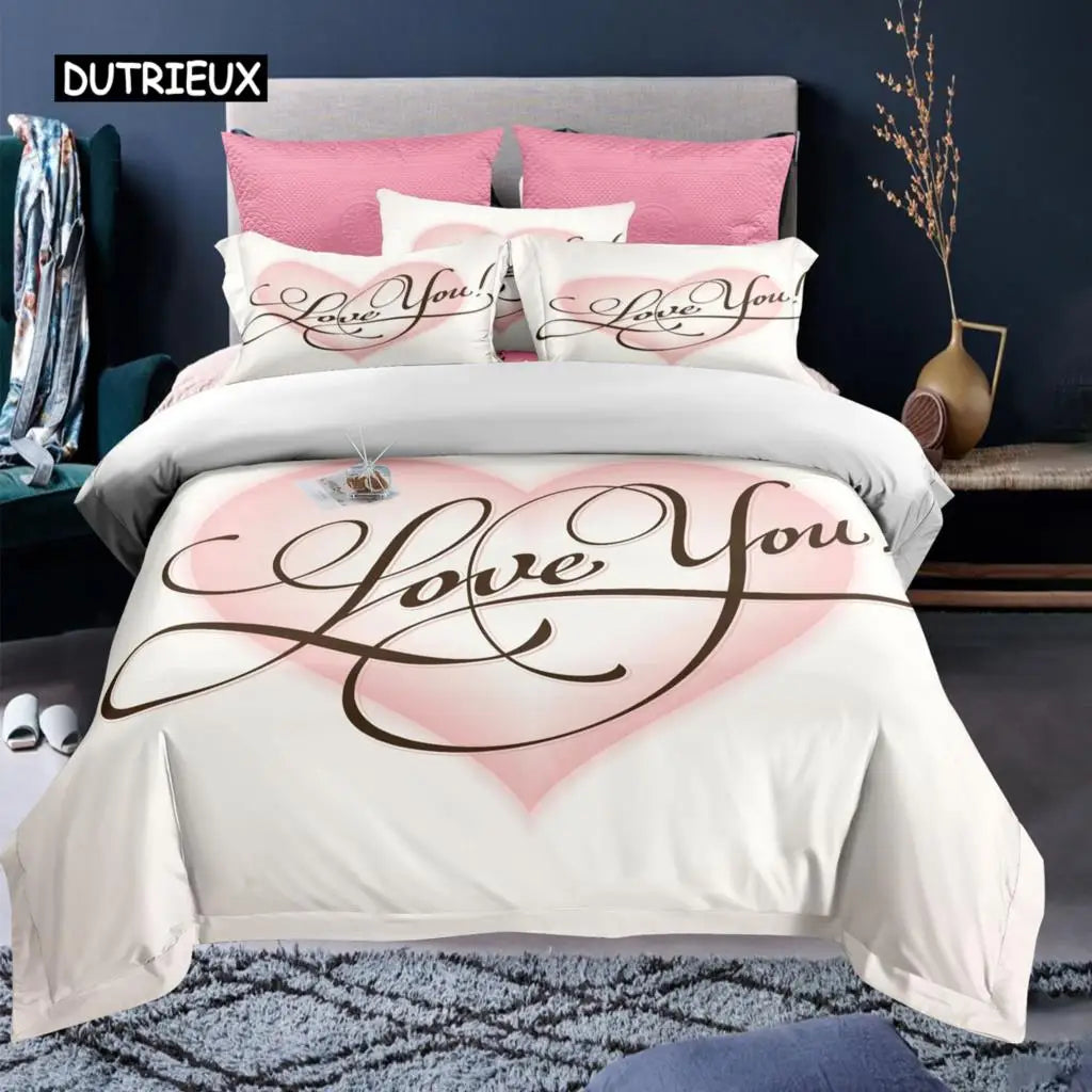 Valentine's Day Duvet Cover Set Red Rose I Love You Pattern King Size Couple Polyester Bedding Set Happy Romantic Quilt Cover