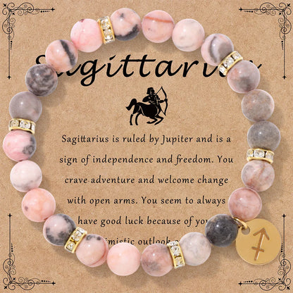 MHS.SUN 12 Star Zodiac Sign Pink Zebra Stone Beaded Bracelets Constellation Fashion Birthday Party Jewelry For Women Men