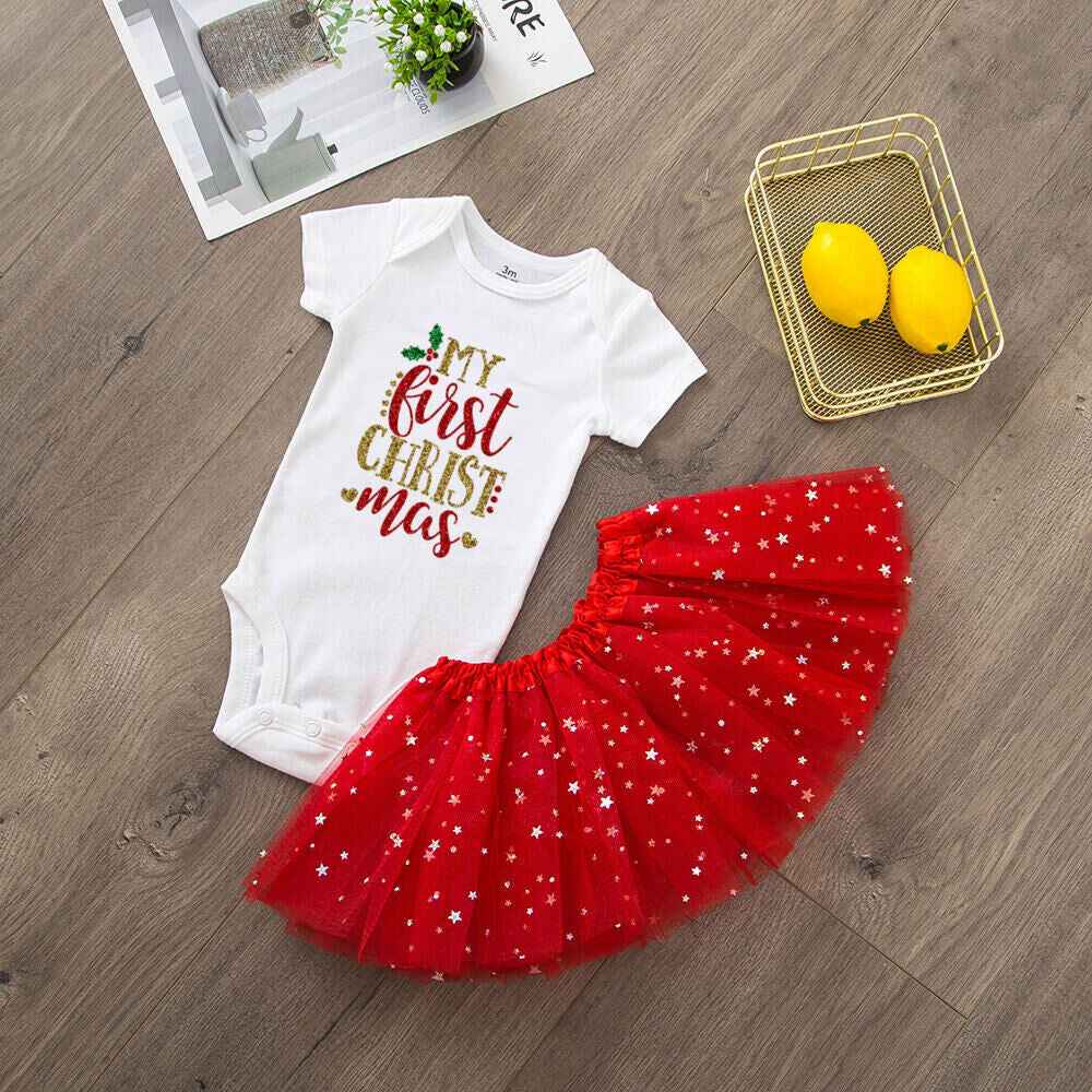 My 1st Christmas Baby bodysuit + Dress set Christmas Party Baby girl Dresses Infant short Sleeve cake Dress Set Toddler Clothing