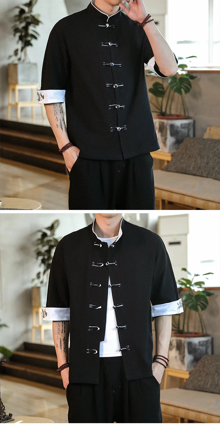 New Crane Embroidery Top Traditional Chinese Clothing for Men Vintage Half Sleeve Linen Shirts Solid Madarin Collar Hanfu Kungfu