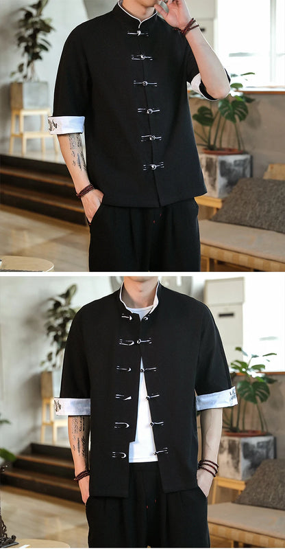 New Crane Embroidery Top Traditional Chinese Clothing for Men Vintage Half Sleeve Linen Shirts Solid Madarin Collar Hanfu Kungfu