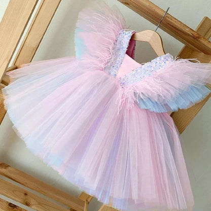 Wedding Birthday Dress for Flower Girls Kids Elegant Party Sequins Tutu Christening Gown 3-8 Yrs Children Formal Pageant Clothes - AMULET RING STORE