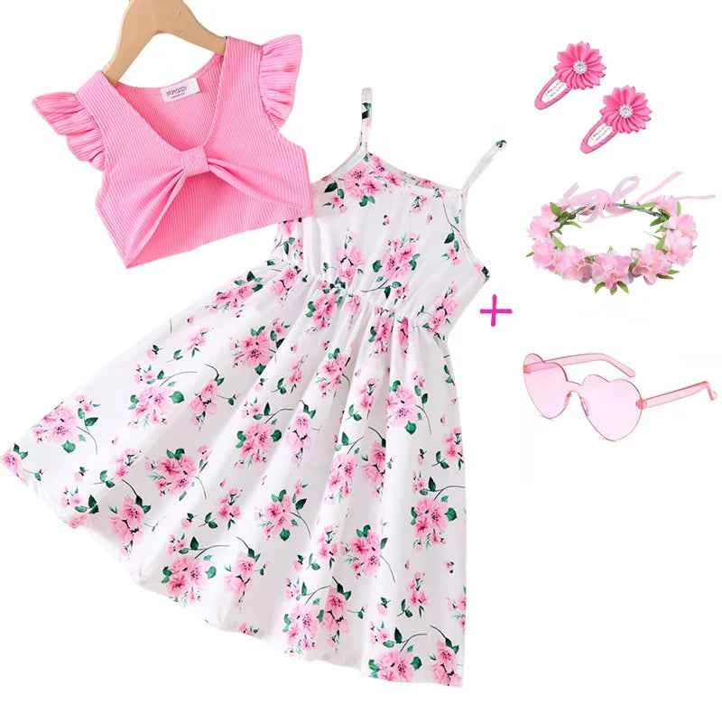 2Pcs Girls Elegant Pink Floral Print Dress Summer Sleeveless Casual Dress and Jacket Sets for Girls Festivals Outing Clothes