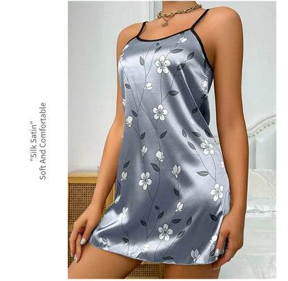 Women's Sleepdress Satin Floral Print Nightdress Comfortable Spaghetti Strap Sleepwear Dress Luxurious Satin Slip Nightdress - AMULET RING STORE