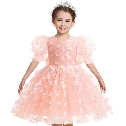 Baby girl dress three-dimensional butterfly Bubble sleeve mesh fluffy princess dress performance birthday party dress girl dress