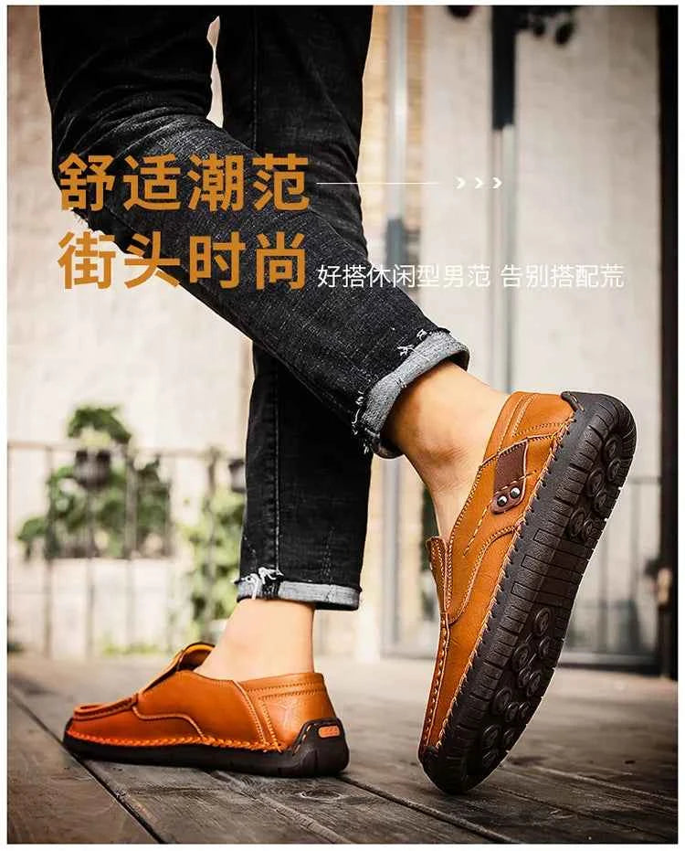 New Handmade Leather Men Shoes Casual Comfortable Men Loafers Slip On Leather Shoes Men Flats Hot Sale Outdoor  Walking Shoes