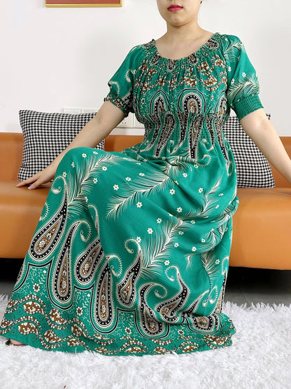 New Summer Women Abaya Short Sleeve Dashiki Floral Collect Waist Loose Maxi Robe Floral Femme Musulmane African Printing Abaya