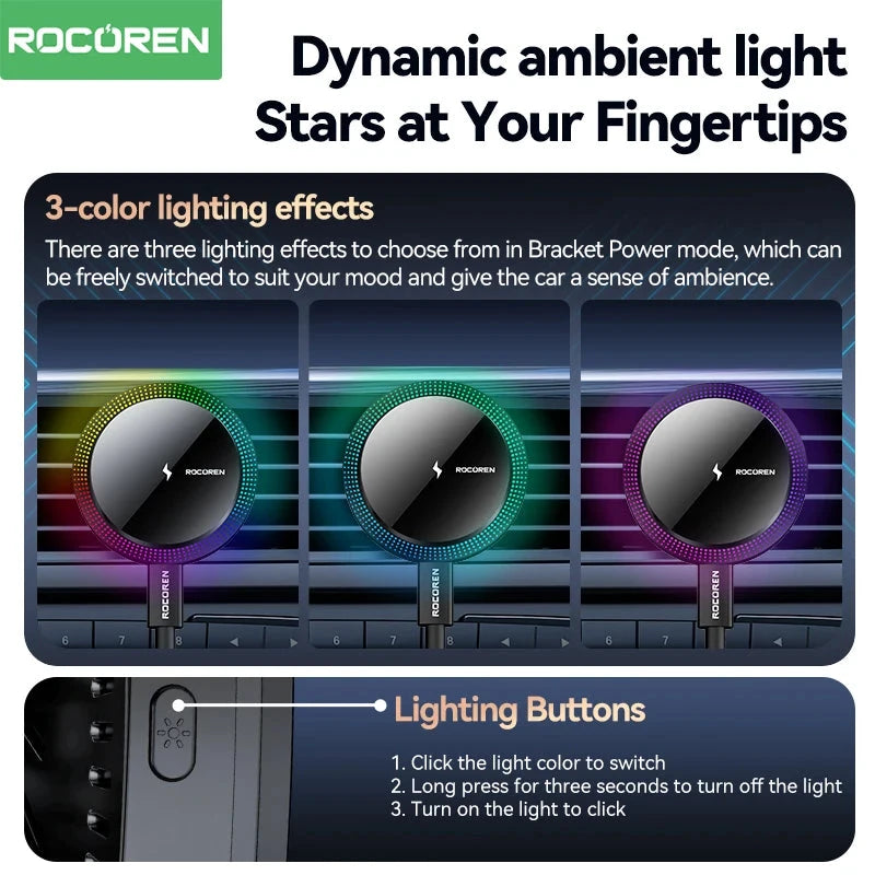Rocoren Magnetic Car Phone Holder Fast Charging Wireless Charger With RGB light Magnet Car Stander For iPhone 15 14 13 Pro Max