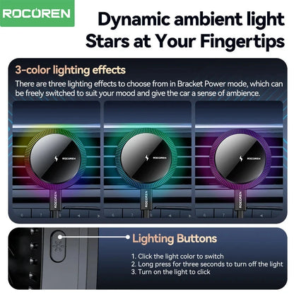 Rocoren Magnetic Car Phone Holder Fast Charging Wireless Charger With RGB light Magnet Car Stander For iPhone 15 14 13 Pro Max