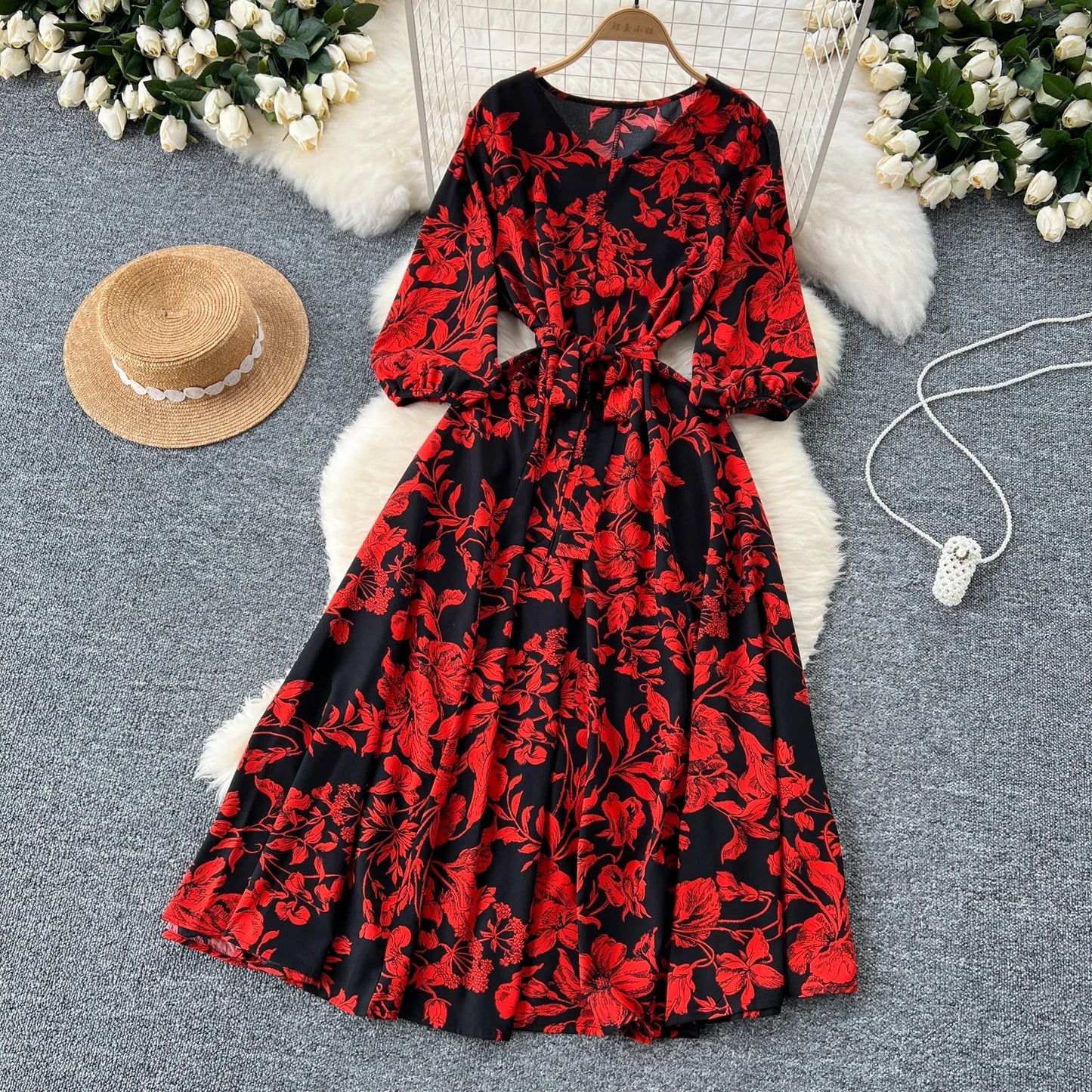 Elegant Boho Floral Print Floral Pleated Maxi Long Dress Female V Neck Puff Sleeve Belt Dresses Women Summer Dress Robe