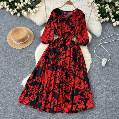 Elegant Boho Floral Print Floral Pleated Maxi Long Dress Female V Neck Puff Sleeve Belt Dresses Women Summer Dress Robe