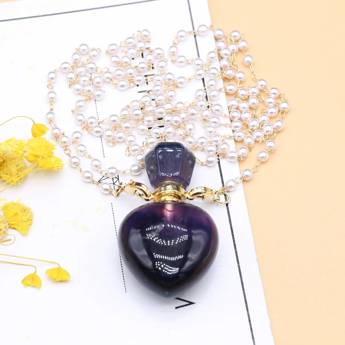 Natural Amethysts Perfume Bottle Pendant Necklace Pearl Chains Essential Oil Diffuser Agates Pendant Necklace For Women Jewerly - AMULET RING STORE