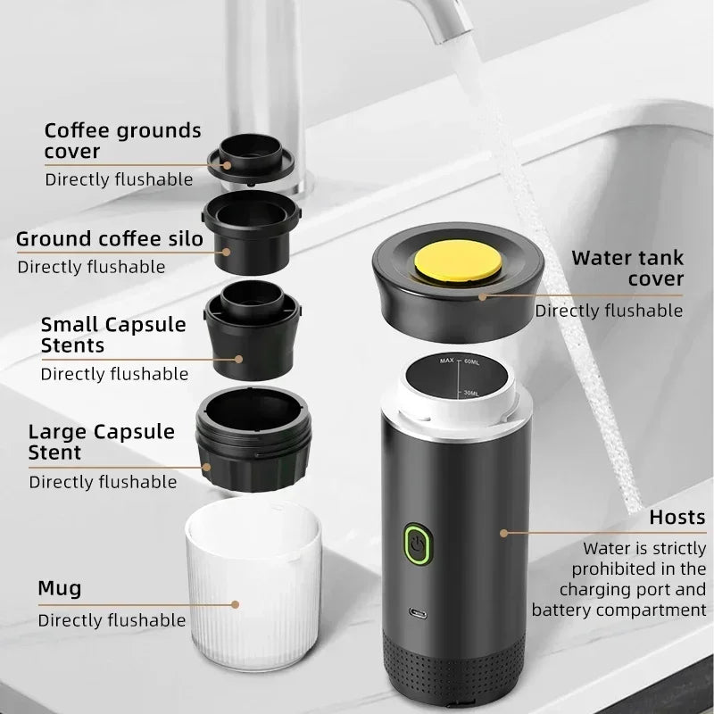 3-in-1 Portable Capsule Coffee Maker, Wireless Heating Electric Espresso Coffee Maker for Car Home, Travel Camping Coffee Maker - AMULET RING STORE