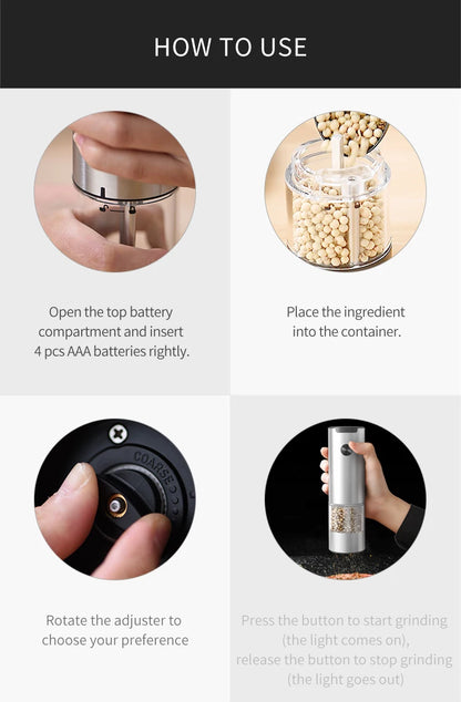 Electric Salt And Pepper Grinder With Adjustable Coarseness Refillable Mills Battery Powered Pepper Grinder Kitchen Gadget Tool - AMULET RING STORE