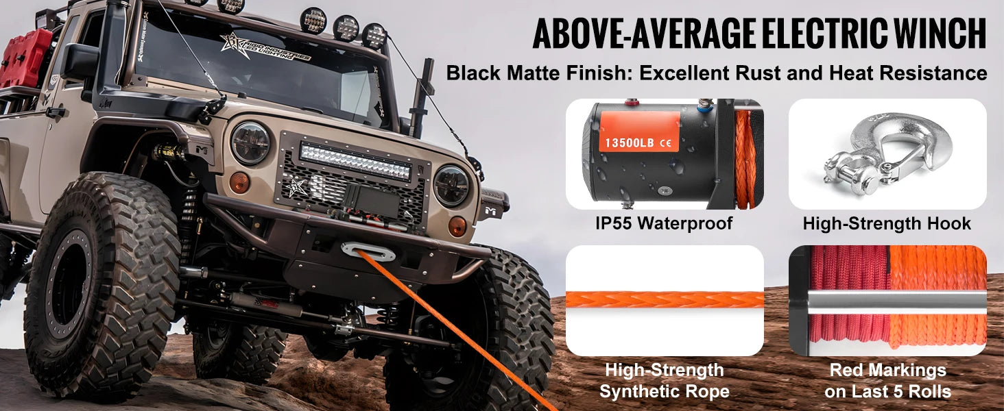 VEVOR 13500lbs Electric Winch Car Truck Winch with 80ft Synthetic Rope Wireless & Wired Remote Control for Towing Off-Road SUV - AMULET RING STORE