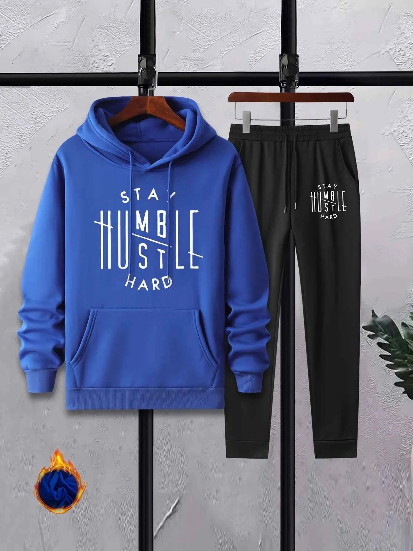 Men's Autumn/Winter Casual Fashion Warm Alphabets Pattern Printed Loose Thick Velvet Hoodie+Sports Pants Set