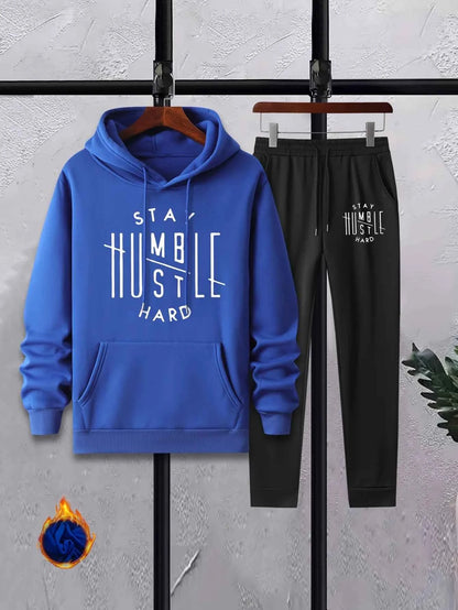 Men's Autumn/Winter Casual Fashion Warm Alphabets Pattern Printed Loose Thick Velvet Hoodie+Sports Pants Set