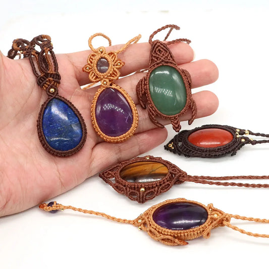 Natural Stones Tear Water Drop Pendant Crystals Healing Handmade Thread Rope Wrap Braided Macrame Chain Necklace Jewelry Gifts - AMULET RING STORE