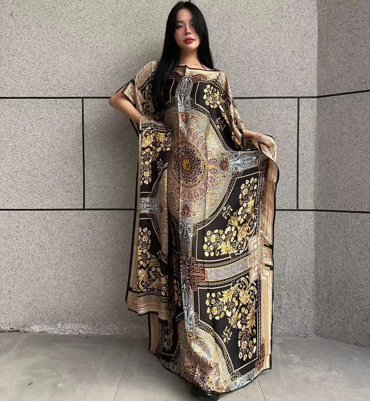 WINYI African Muslim Lady Summer Boho fashion Printed Kaftan holiday Dress loose Streetwear Abaya with belt beach dress