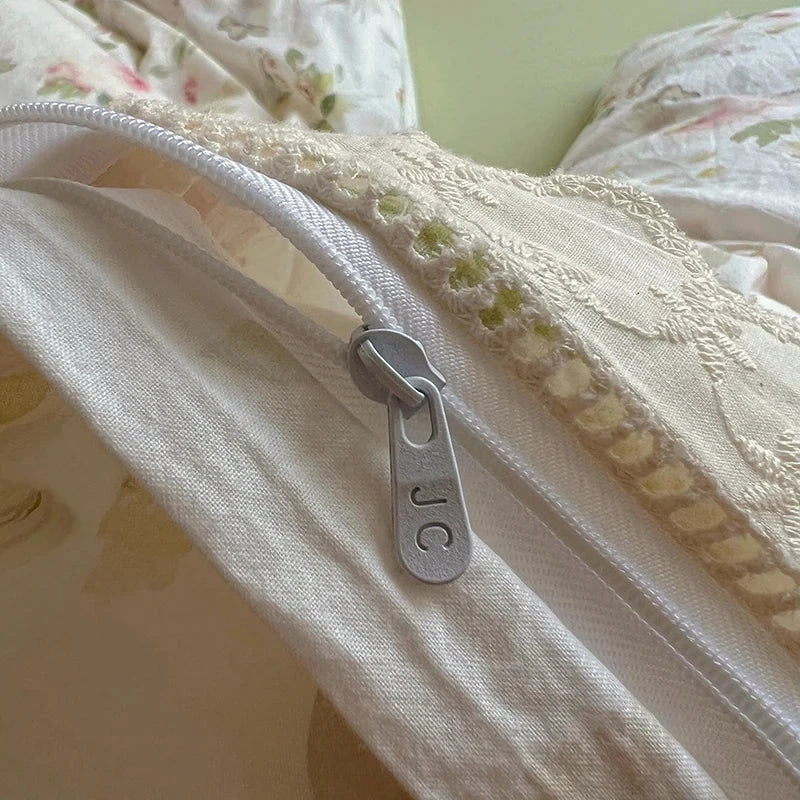 Washed Cotton Duvet Cover Sets Single/Queen/king Flower Printed Bedding Set Princess Style e housse de couette 220x240 with Lace - AMULET RING STORE