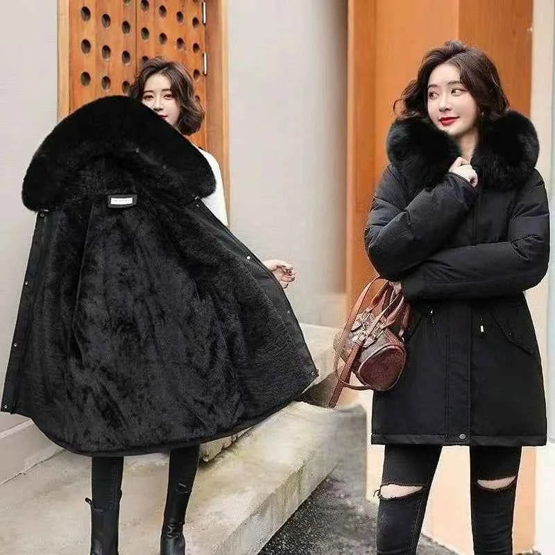 2025 Winter Women's Parka Cotton Padded Coat Korean Style Mid Length Waist Cinching Thickened for Cold Suitable for Short Girls