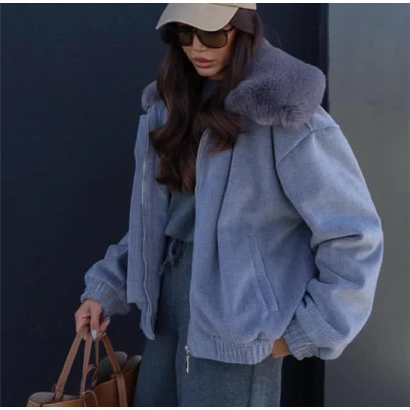 Solid Twill Denim Jacket Women Chic Patchwork Fur Collar Lapel Full Sleeve Zipper Pockets Loose Coat Lady Commute Street Wear