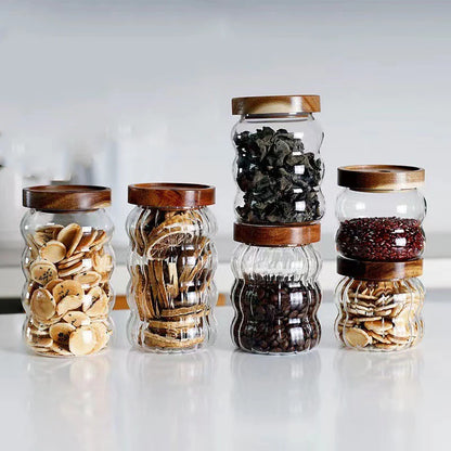 Wood Lid Striped Glass Storage Bottles Sealed Jar Tea Coffee Beans Grains Candy Jars Organizer Kitchen Food Glass Containers - AMULET RING STORE