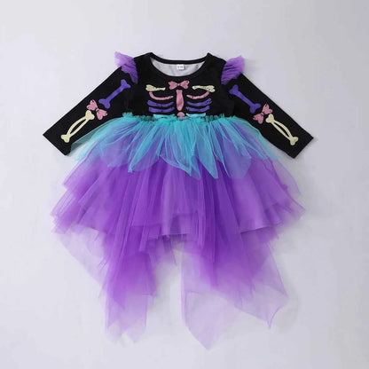 New Baby Girls Cute Cartoon Halloween Dress Long Sleeves Spliced Mesh Yarn Irregular Dress  Autumn Princess Party Tutu Dresses
