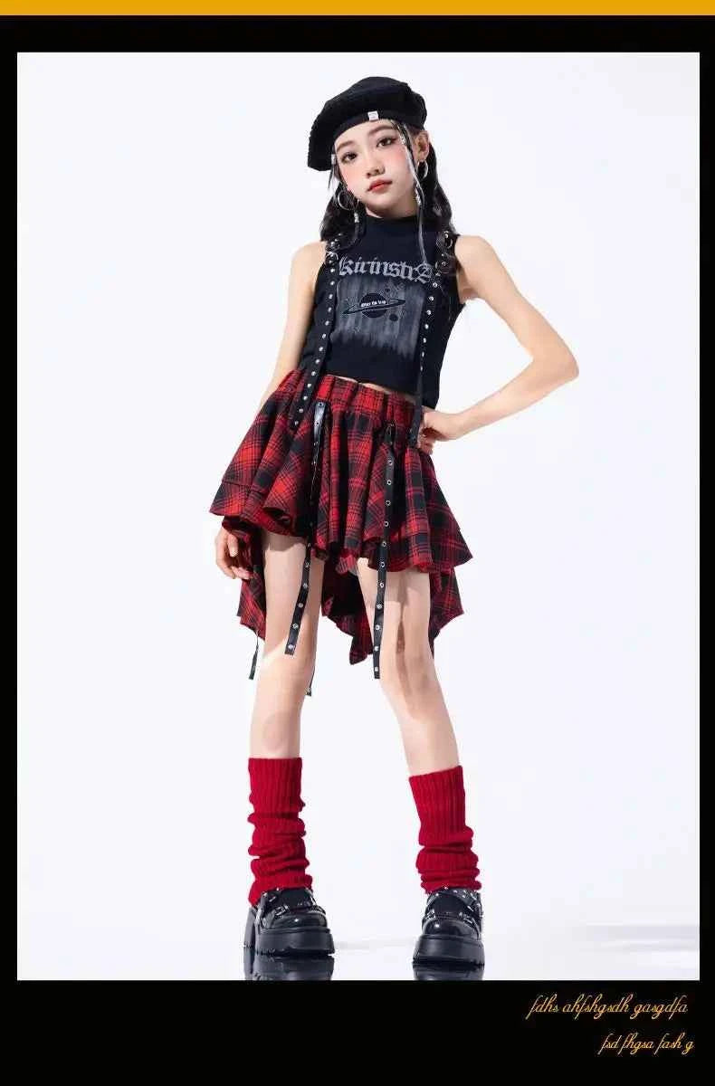 Hip Hop Girls Crop Top Plaid Street Dance Skirt Kids Ribbon Pleated Skirts Teens Jazz Cool Costumes Child Streetwear Clothes Set