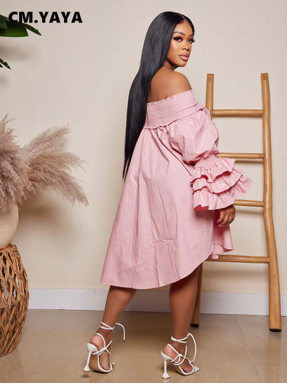 CM.YAYA Chic Women Cascading Ruffles Petal Off Shoulder Long Sleeve Smock Dress 2022 Big Swing Loose Blouse Sundress Vestidos - AMULET RING STORE