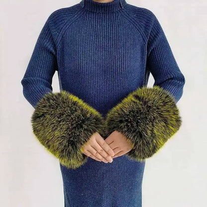 Large Winter Faux Fox Fur Scarf Women Jackets Warm Fluffy Shawl Fashion Artificial Fur Collar And Cuff Set Fluffy Scarves Female
