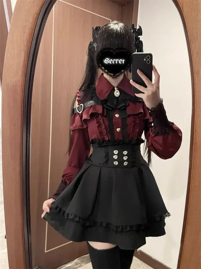 Sweet Gothic Lolita Two Piece Set, Off Shoulder Blouse + High Waist Skirt, Kawaii Tri-color Lace Coord Outfit for Women & Teens