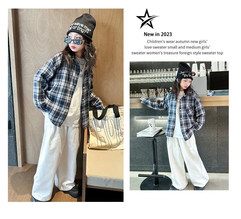2025 Spring Girls Plaid Shirt Comfort Fashion Teen Kids Tops Clothes Casual All-match Long Sleeve Children Blouse 10 12 13 Years