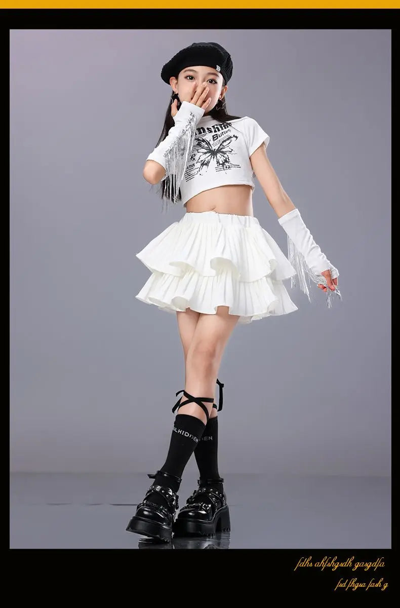 Hip Hop Girls Crop Top Plaid Street Dance Skirt Kids Ribbon Pleated Skirts Teens Jazz Cool Costumes Child Streetwear Clothes Set