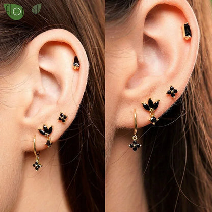 925 Sterling Silver Needle Fashion Round Pendant Small Earrings Luxury Gold Hoop Earrings for Women Premium Black Jewelry Gifts - AMULET RING STORE