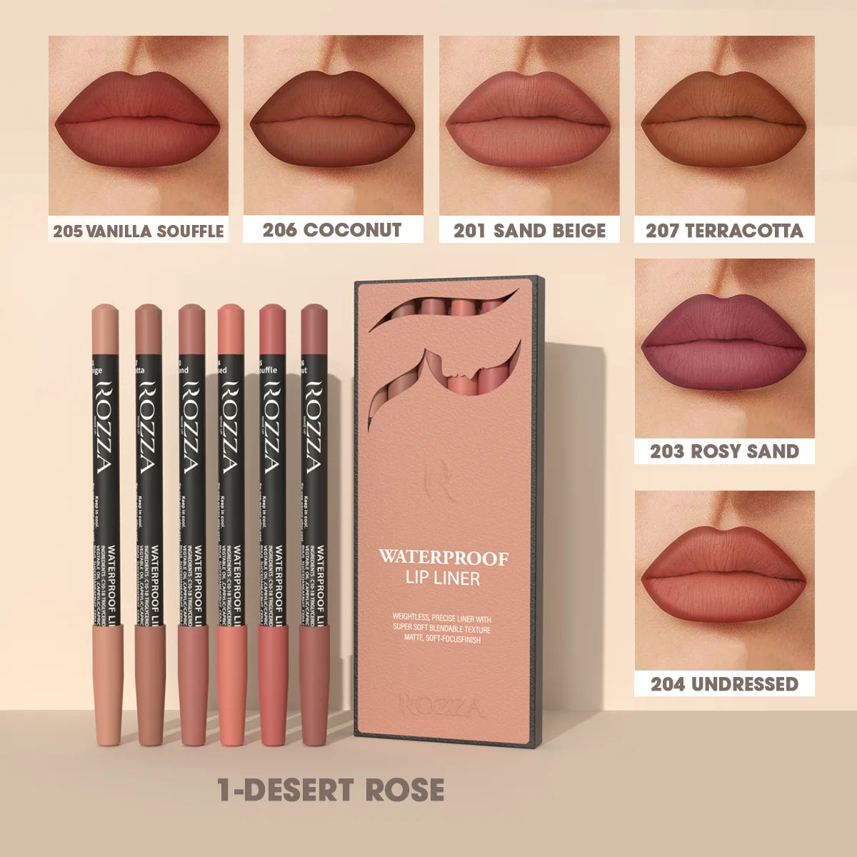 Rozza Waterproof Lip Liner Pencil Set, Weightless Precise Liner with Super Soft Blendable Texture Matte Soft - AMULET RING STORE