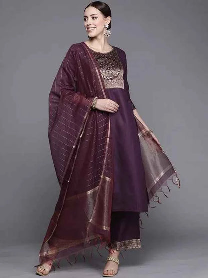 Traditional Indian Clothing 3-piece Jacquard Set And A Medium Length Cotton Blend Set In Purple Indian Saree Indian Sari