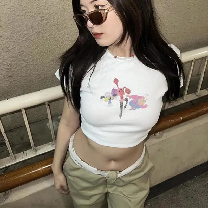 90s FUTURE MILF Stars Print T-shirts Fashion Casual O Neck Short Sleeve Crop Tops Y2K Summer Sexy E-girl Baby Tee Women Clothing - AMULET RING STORE